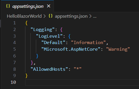 appsettings.json file showing logging settings