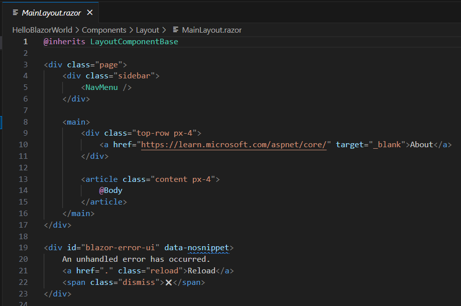 MainLayout.razor file showing the layout of the page, with sidebar and top row