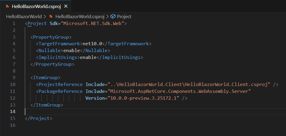 .csproj file showing target framework, settings, and references