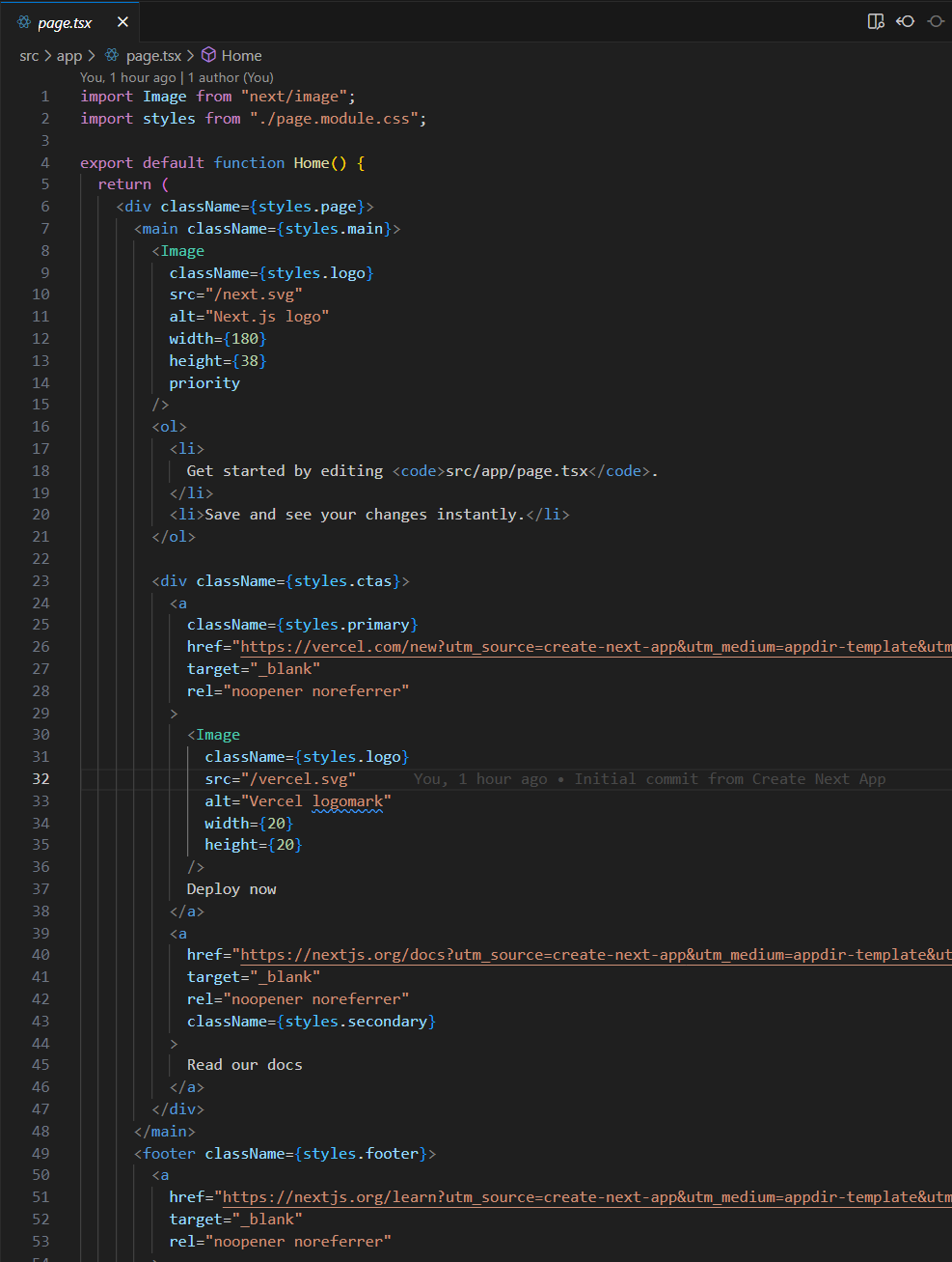 page.tsx file showing the React function that generates the home page content