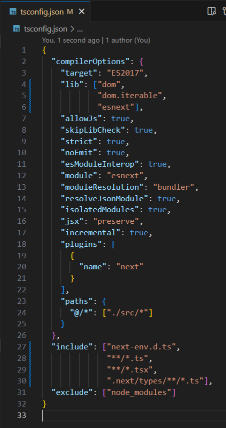 tsconfig.json file showing typescript settings