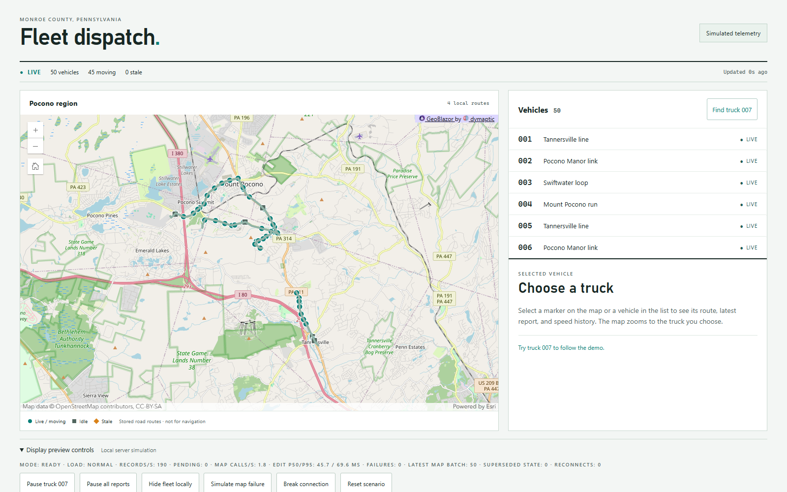 The Fleet dispatch dashboard showing live trucks on routes around Mount Pocono and Tannersville