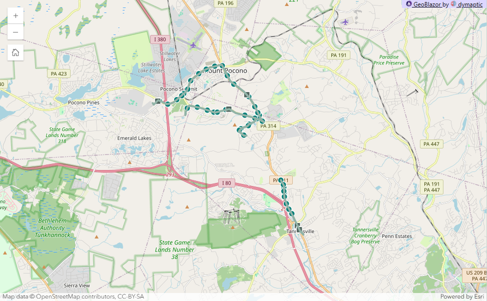 The finished Pocono-region fleet map with vehicles drawn and OpenStreetMap attribution visible.
